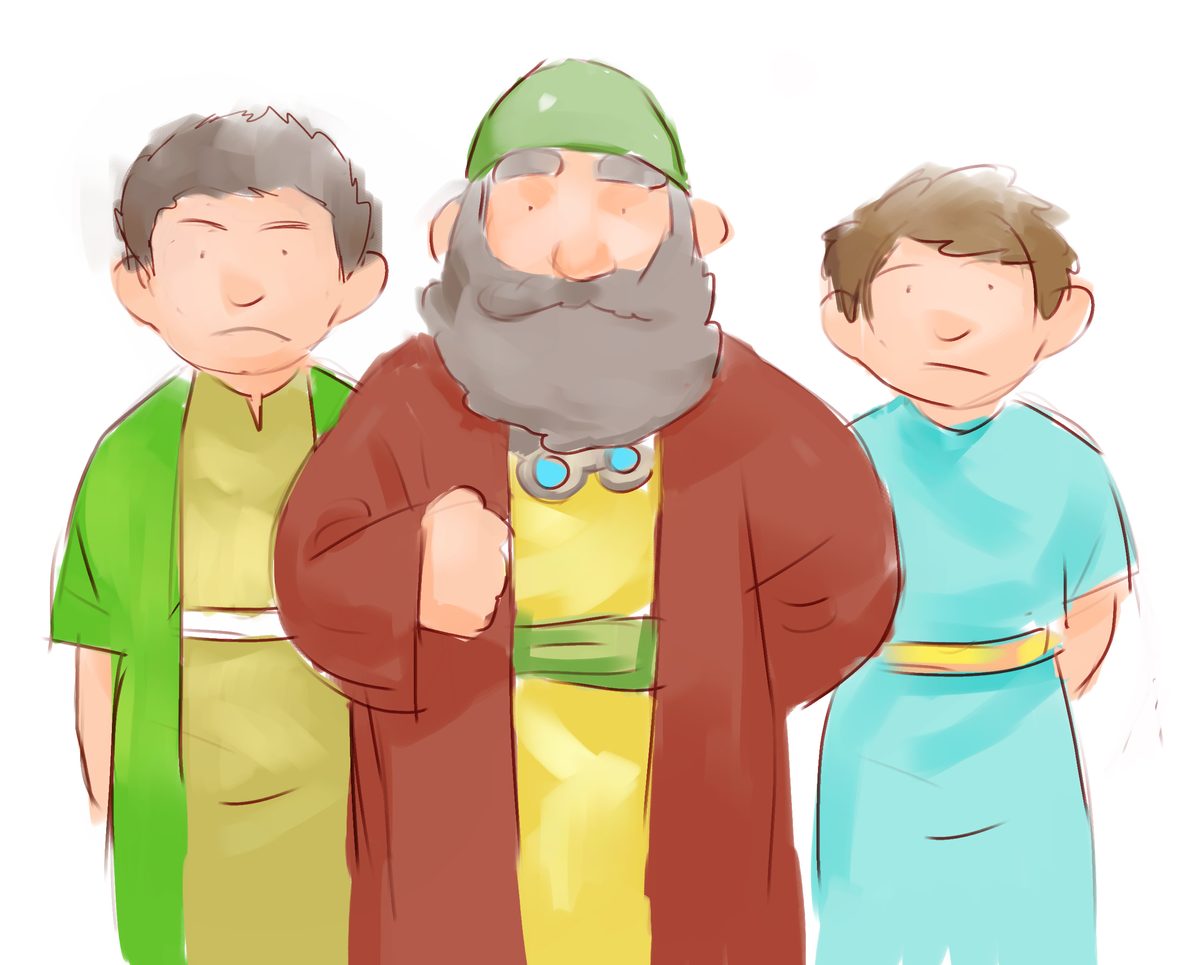 浪子回頭比喻插畫:一個人有兩個兒子,父親與大兒子、小兒子並排站立(路加福音十五章 11 節)