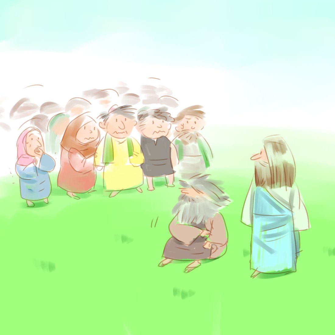 馬可福音五章插圖:那個得釋放的人穿上衣服,跪在耶穌面前,身後一群村民面帶懼色地張望(馬可福音五章 15 至 18 節)
