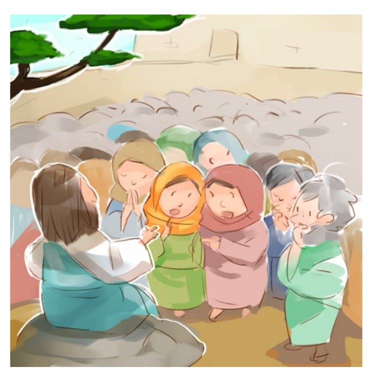 約翰福音四章插圖:一群撒瑪利亞人圍著坐下的耶穌聽他說話,有人合掌、有人側耳細聽,表示那城裏有好些人信了耶穌(約翰福音四章 39 至 42 節)