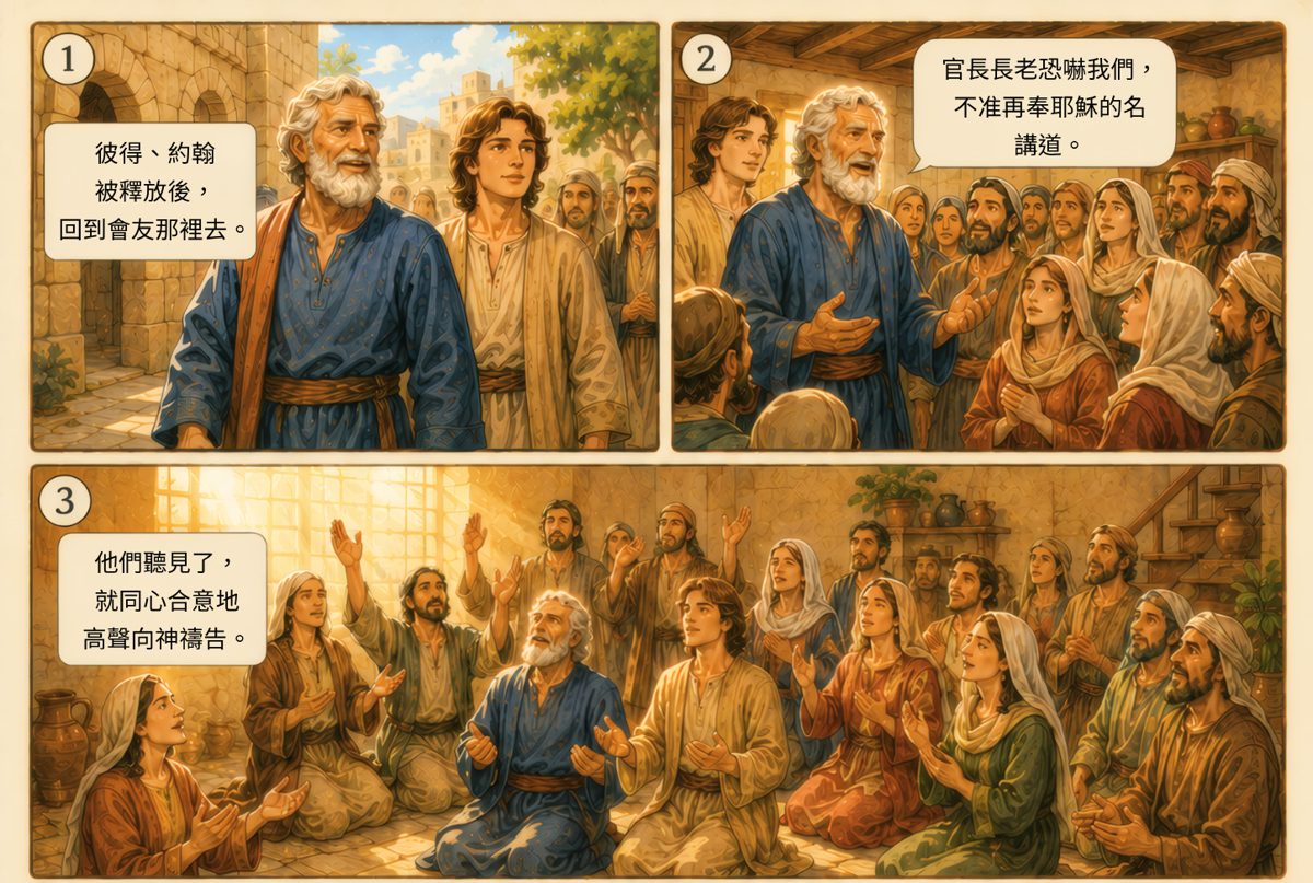 《聖靈同行》漫畫節錄:彼得、約翰被釋放後回到會友那裏,眾人同心合意高聲向神禱告(使徒行傳四章 23–24 節)