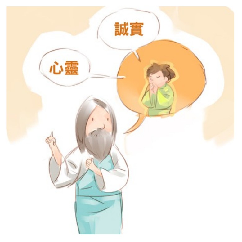 約翰福音四章插圖:耶穌舉起手說話,兩個泡泡分別寫著「心靈」和「誠實」,旁邊一個泡泡畫著一個閉目禱告的人(約翰福音四章 24 節)